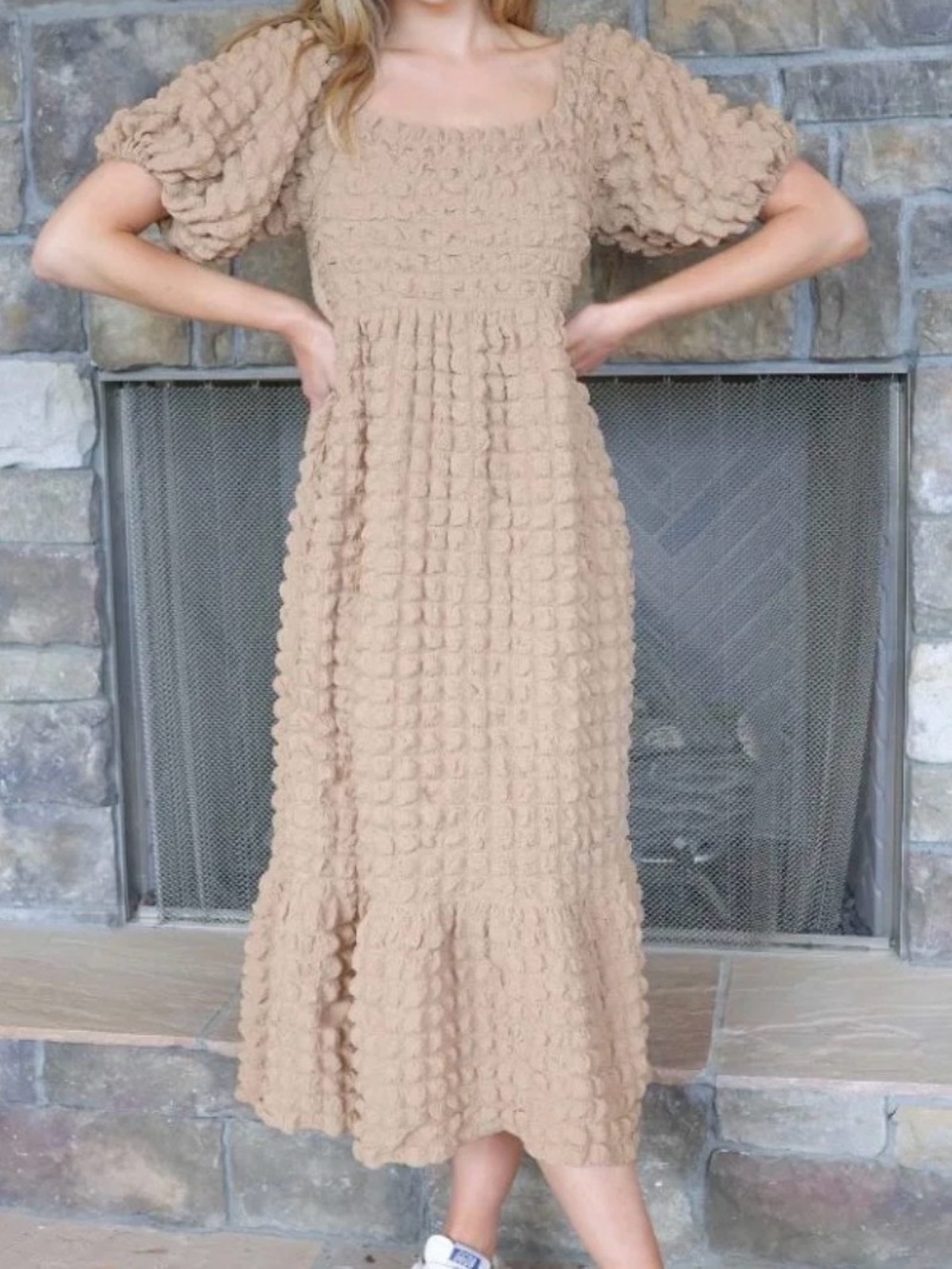 Simply Southern Beige Textured Puff-Sleeve Midi Dress - Picture 1 of 13